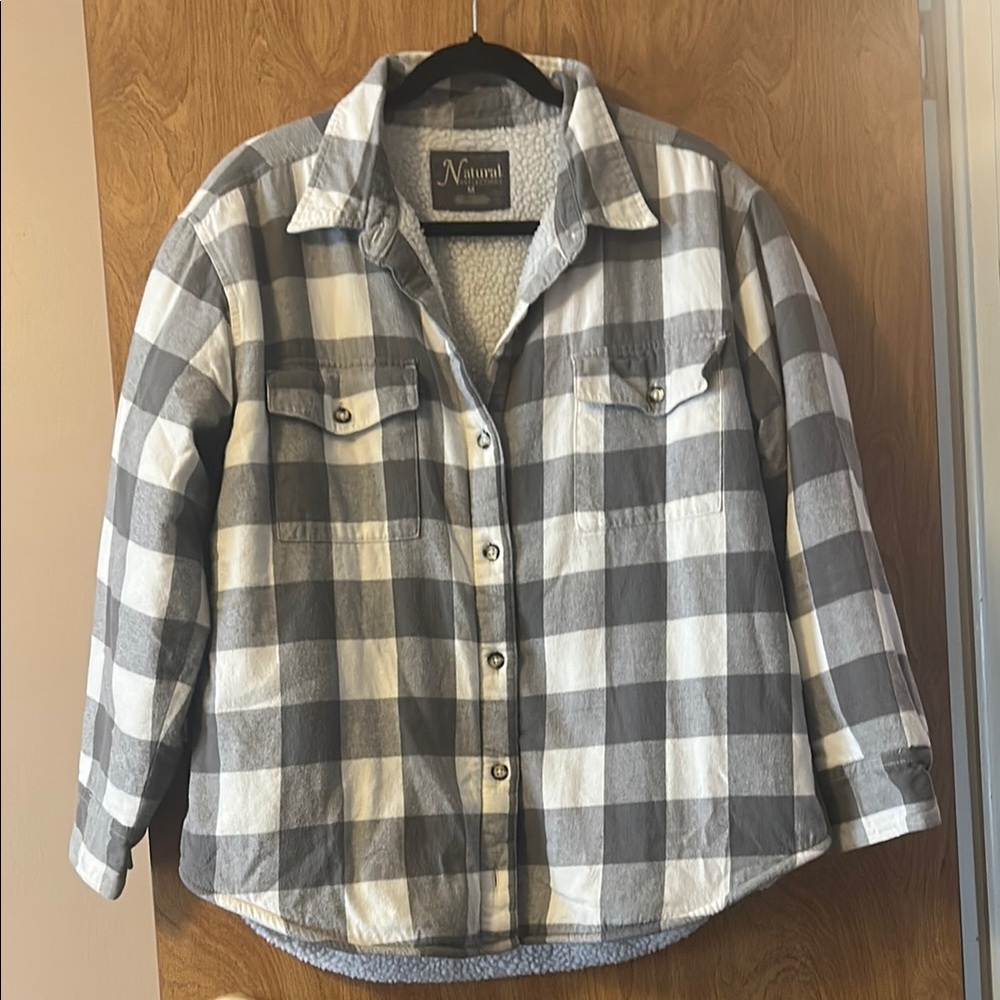 M - Gray and White Plaid Button-Up Sherpa Flannel